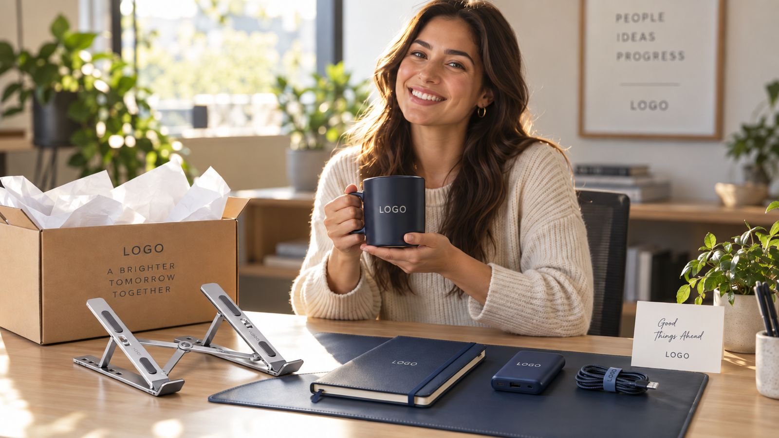 Mujer con taza, kit y productos corporativos personalizados con LOGO
